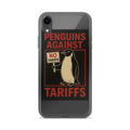 Cartoon penguin with 'NO TARIFFS' sign iPhone Case front view — Wandering With Pride