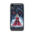 Red-dressed woman with heart-shaped sword in stormy setting iPhone Case front view — Wandering With Pride