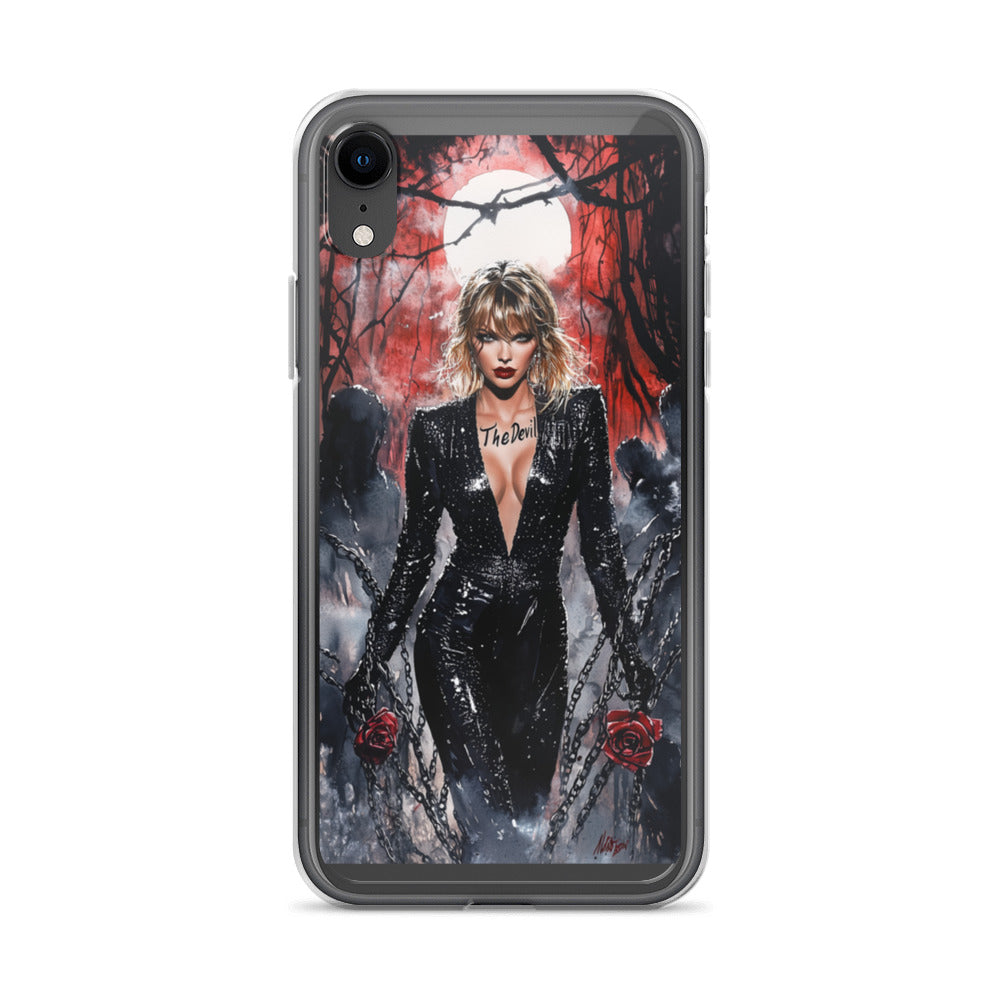 Gothic tattooed woman with red lips under a dark tree iPhone Case front view — Wandering With Pride