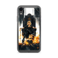 Abstract illustration of a blonde woman seated on a throne-like chair with a lioness in a fiery background iPhone Case front view — Wandering With Pride