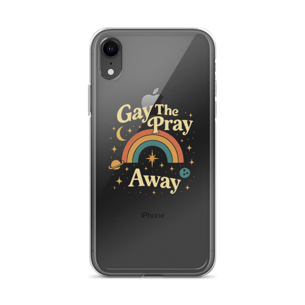 Gay the Pray Away illustration with rainbow arc, star, and crescent moon iPhone Case front view — Wandering With Pride