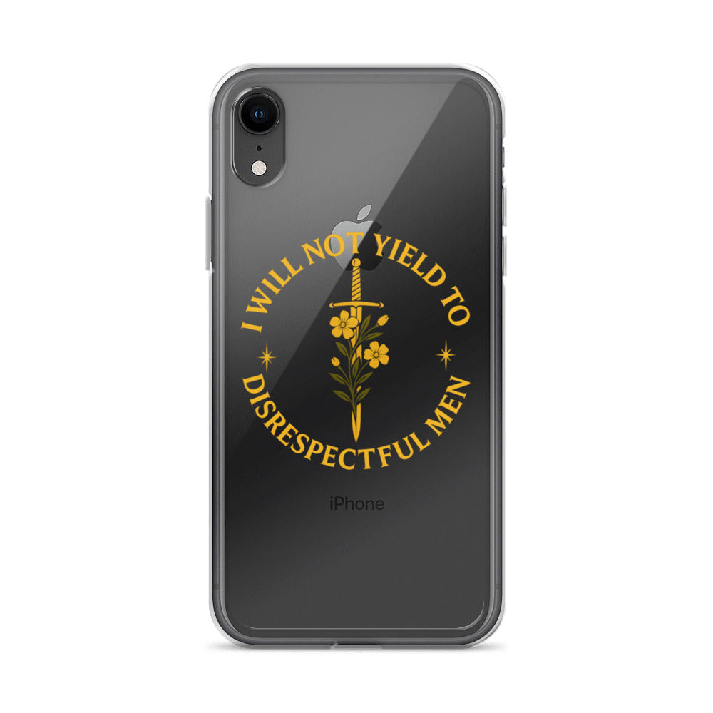 Sword with flowers and text 'I WILL NOT YIELD TO DISRESPECTFUL MEN' iPhone Case front view — Wandering With Pride