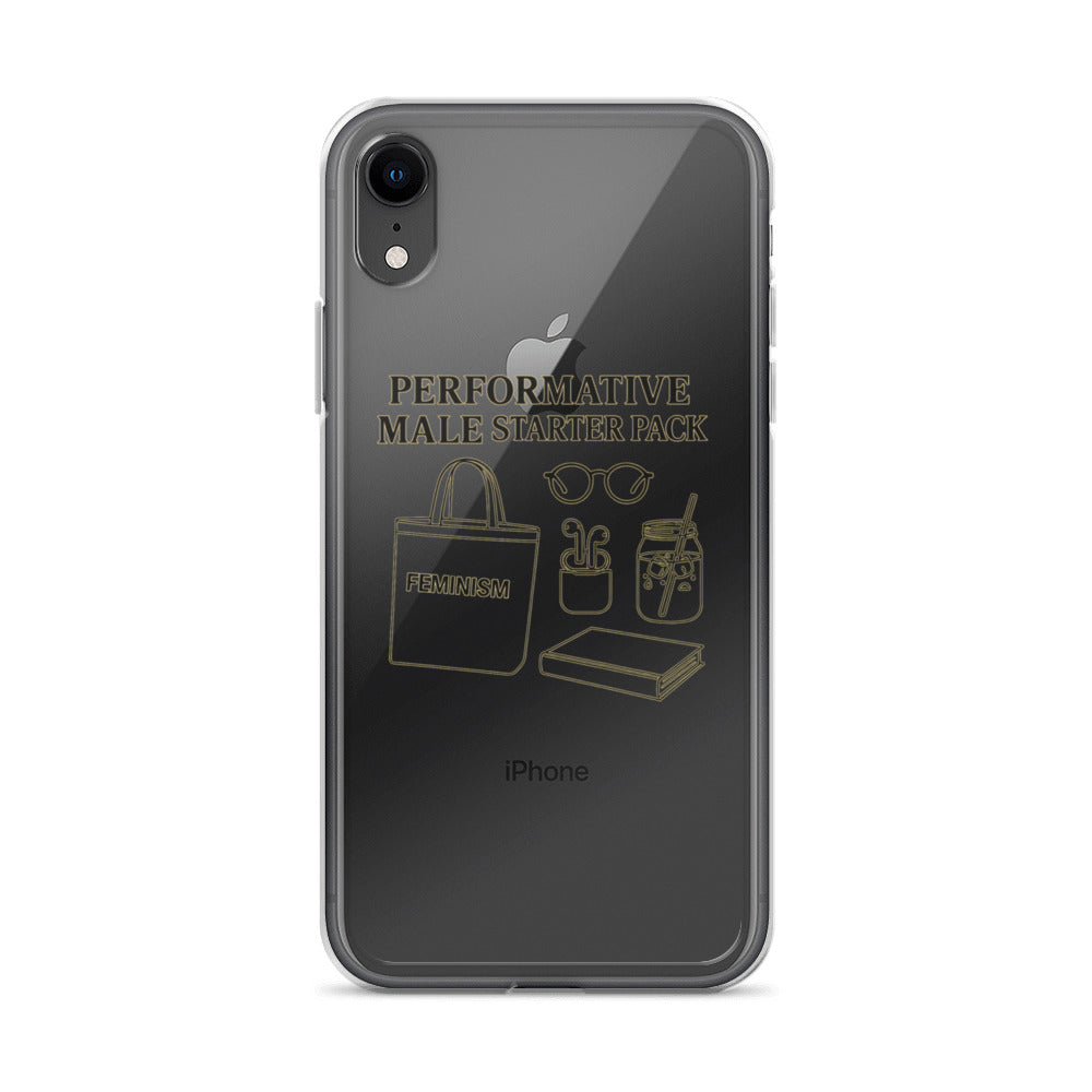 Typography with 'PERFORMATIVE MALE STARTER PACK' text iPhone Case front view — Wandering With Pride