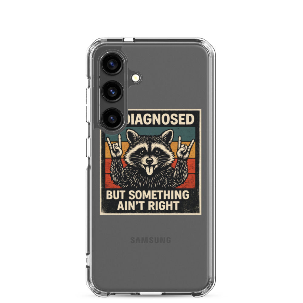 Raccoon illustration with tongue out and paws making peace sign Samsung Case front view — Wandering With Pride
