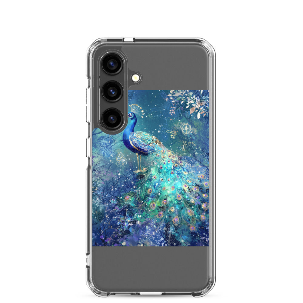 vibrant peacock illustration with glowing eyes and iridescent feathers Samsung Case front view — Wandering With Pride