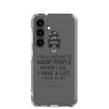 Skull with a bun and sunglasses, quote: 'I fully intend to haunt people when I die. I have a list.' Samsung Case front view — Wandering With Pride