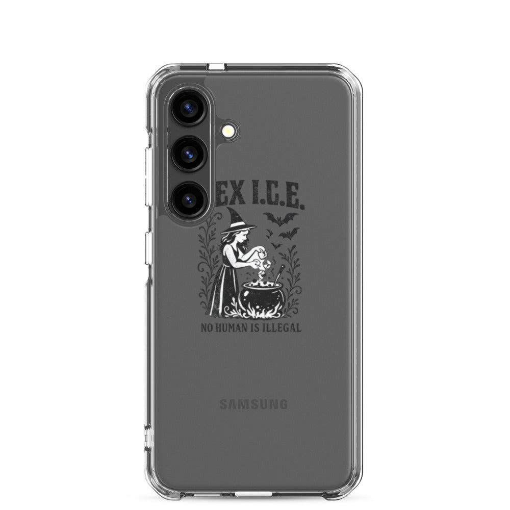 black-and-white illustration of a woman in a witch's hat surrounded by a cauldron Samsung Case front view — Wandering With Pride