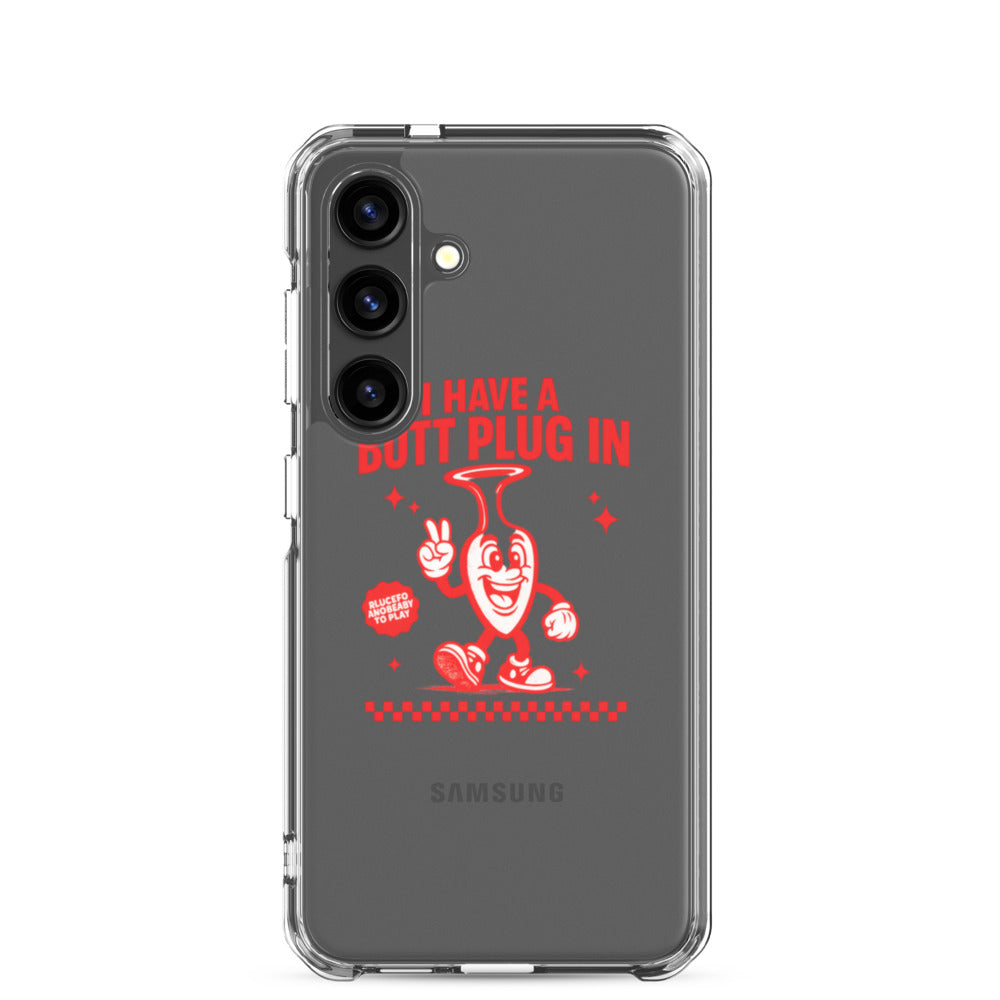 cartoon butt plug illustration holding sign that says 'I have a butt plug in' Samsung Case front view — Wandering With Pride