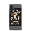 illustration of a white hand holding a giant sandwich with 'FOOTLINGS AGAINST FASCISM' text Samsung Case front view — Wandering With Pride
