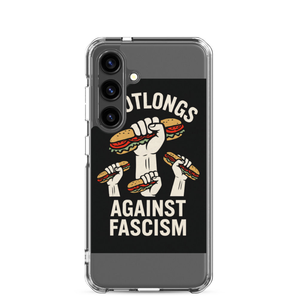 illustration of a white hand holding a giant sandwich with 'FOOTLINGS AGAINST FASCISM' text Samsung Case front view — Wandering With Pride