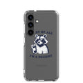cartoon raccoon wearing sunglasses and holding a coffee cup with 'First of all, I'm a delight' typography Samsung Case front view — Wandering With Pride