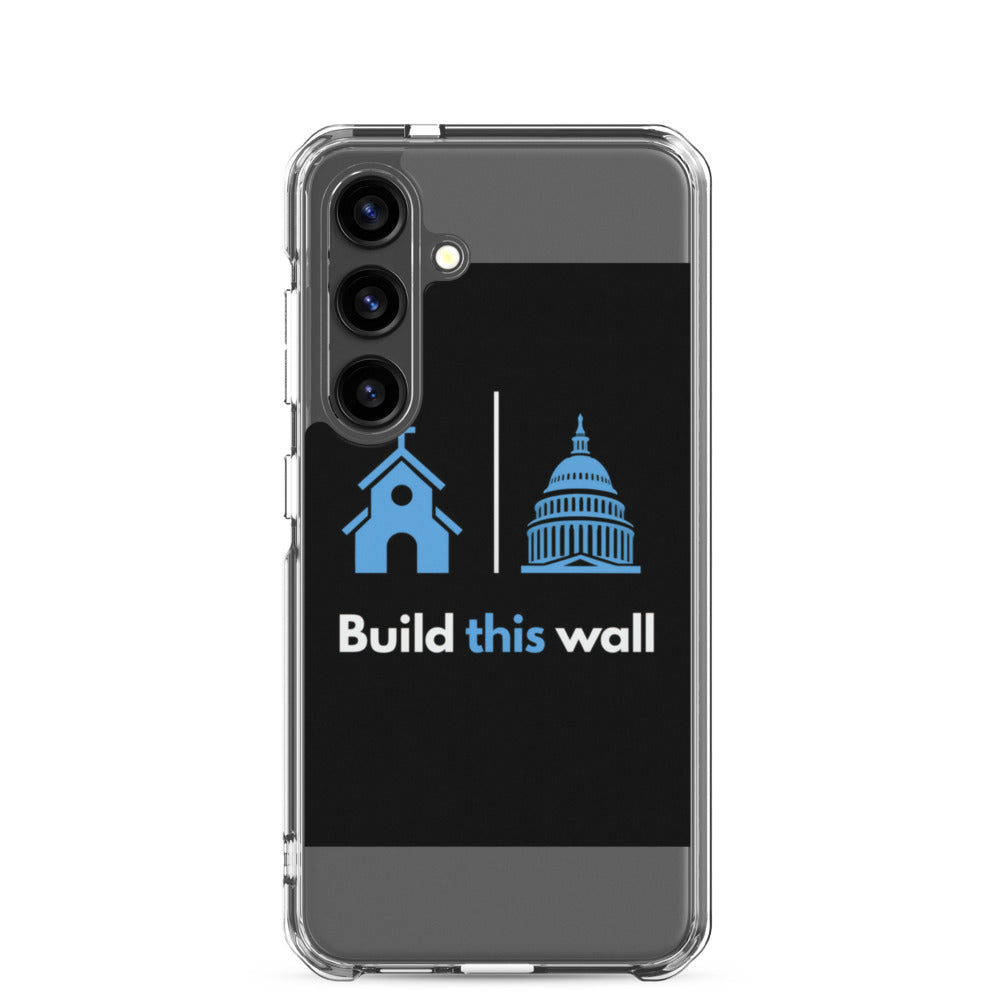 Satirical illustration of White House and Capitol Building with 'Build this wall' text Samsung Case front view — Wandering With Pride
