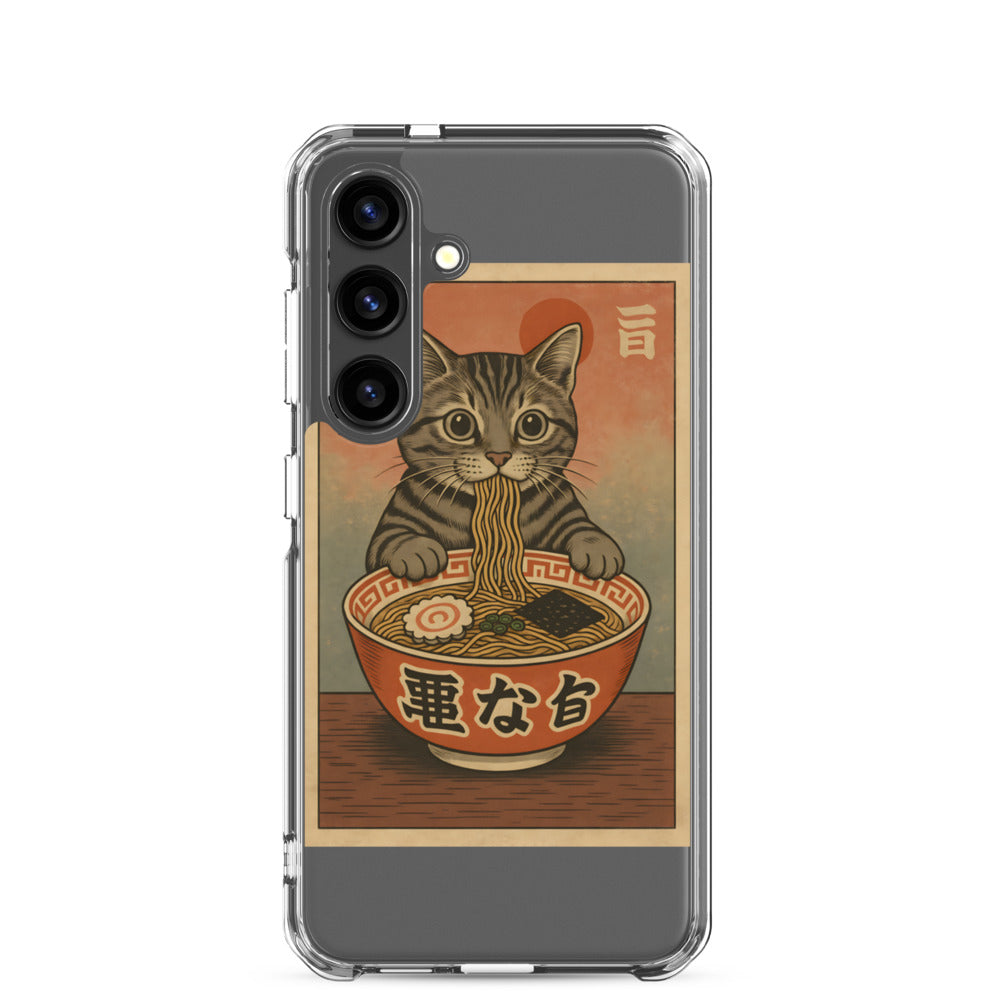 Cat enjoying noodles in a Japanese-style bowl Samsung Case front view — Wandering With Pride