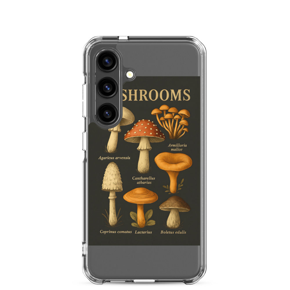 colorful stylized illustration of assorted mushrooms with red, white, and brown caps Samsung Case front view — Wandering With Pride