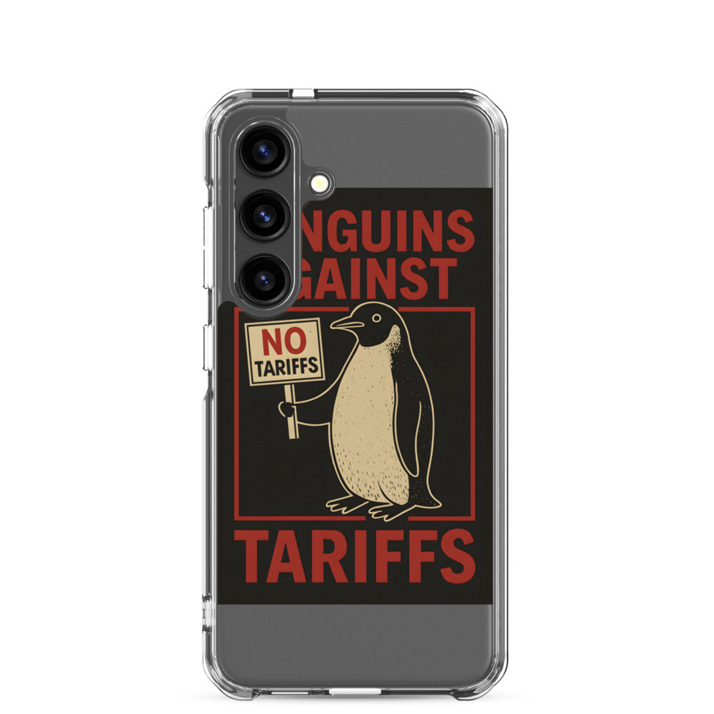 Cartoon penguin with 'NO TARIFFS' sign Samsung Case front view — Wandering With Pride
