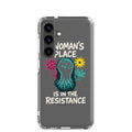 fist with tree roots and flower illustration with text 'A Woman's Place is in the Resistance' Samsung Case front view — Wandering With Pride