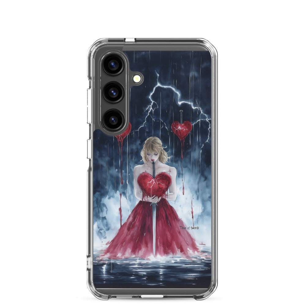 Red-dressed woman with heart-shaped sword in stormy setting Samsung Case front view — Wandering With Pride