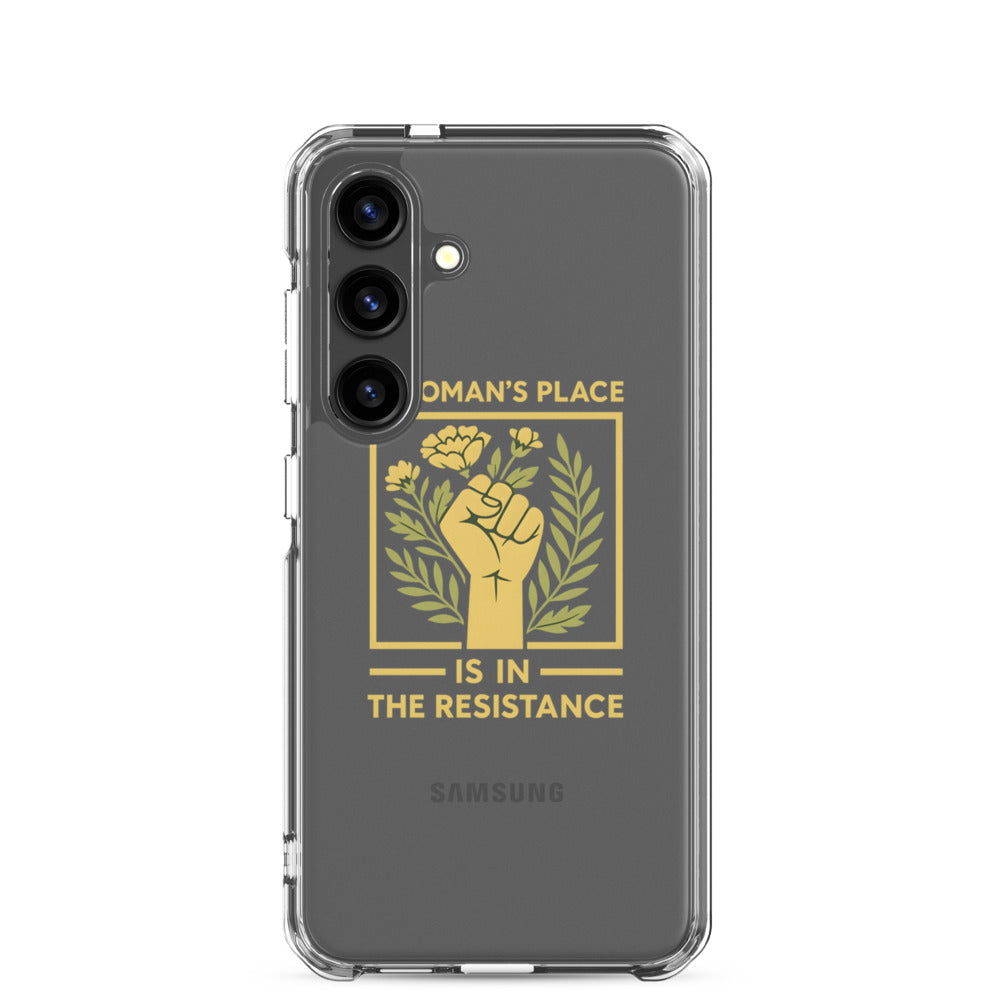 Raised fist with flowers and text 'A Woman's Place is in the Resistance' Samsung Case front view — Wandering With Pride