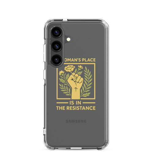 Raised fist with flowers and text 'A Woman's Place is in the Resistance' Samsung Case front view — Wandering With Pride