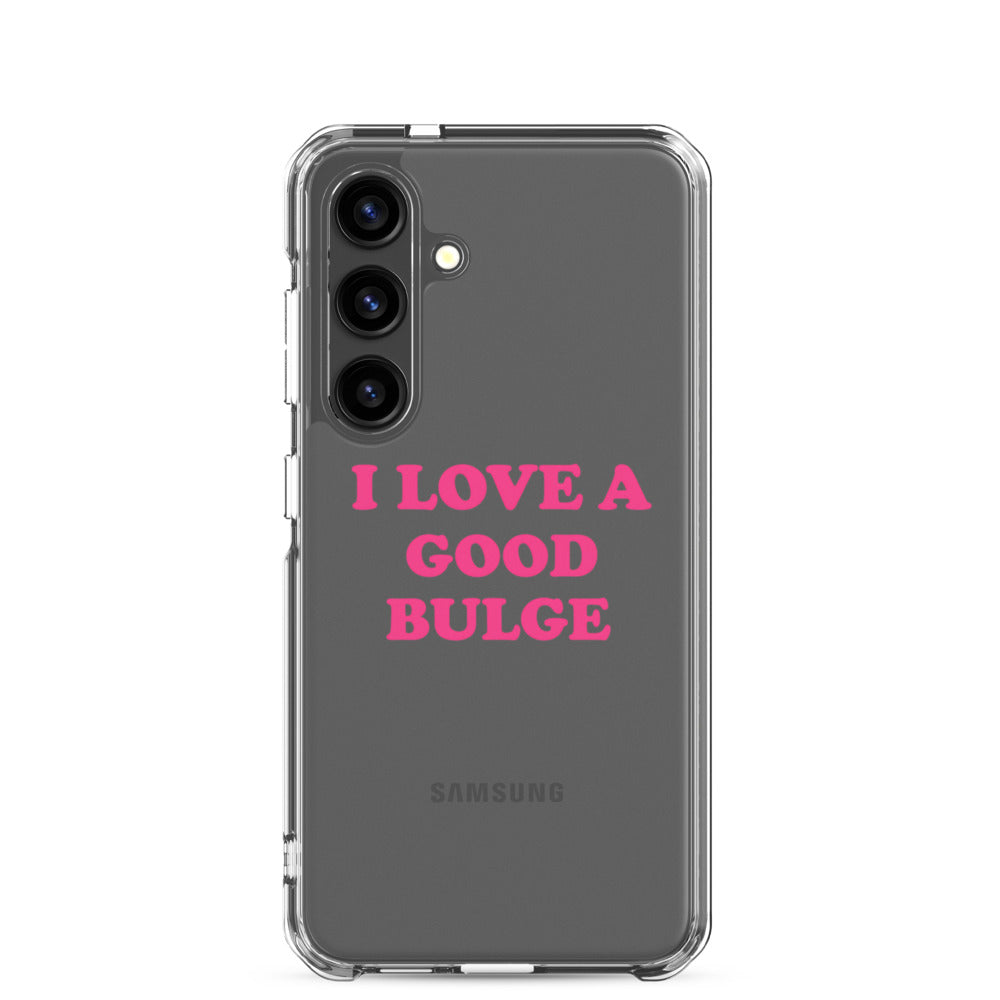 Typography design reading 'I LOVE A GOOD BULGE' in bold pinkish-red text on black background Samsung Case front view — Wandering With Pride