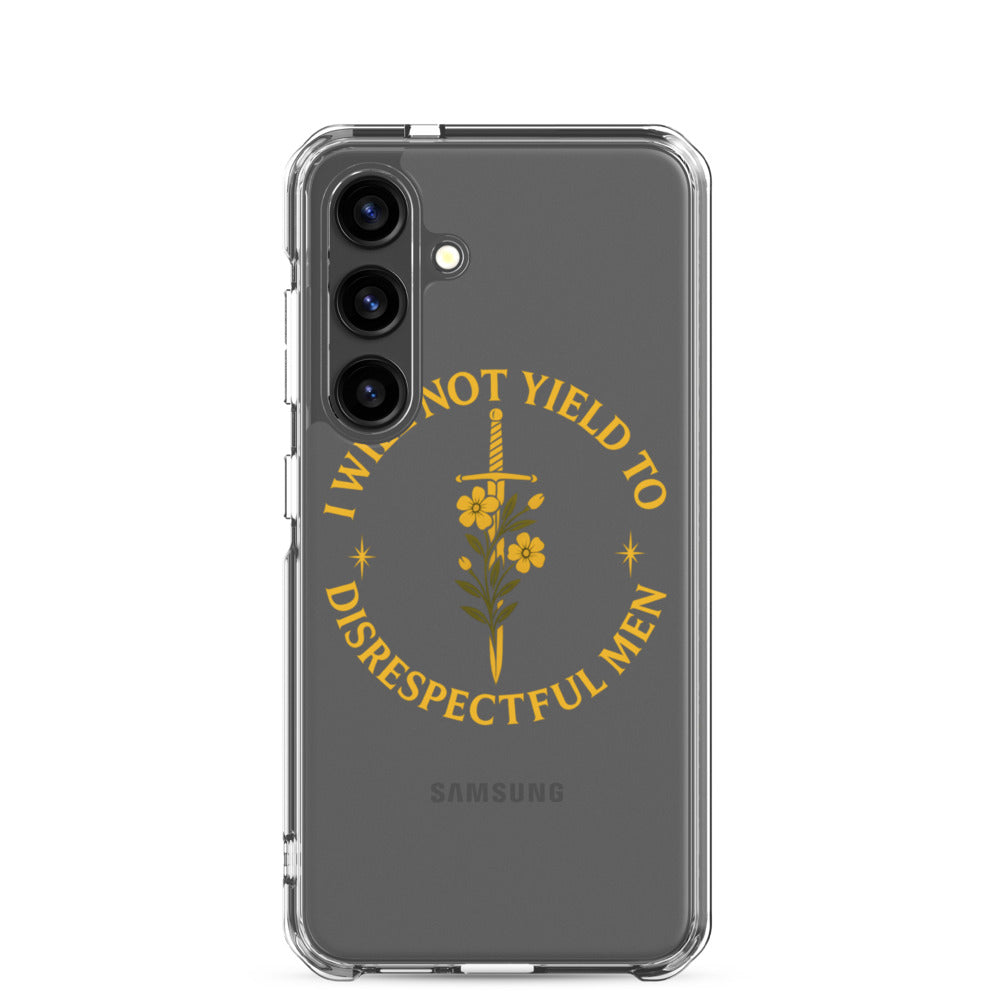 Sword with flowers and text 'I WILL NOT YIELD TO DISRESPECTFUL MEN' Samsung Case front view — Wandering With Pride