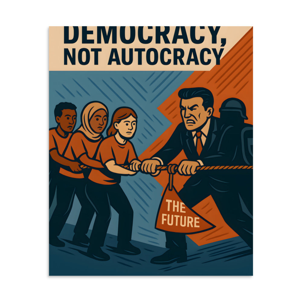 Democracy, Not Autocracy typography Poster front view — Wandering With Pride