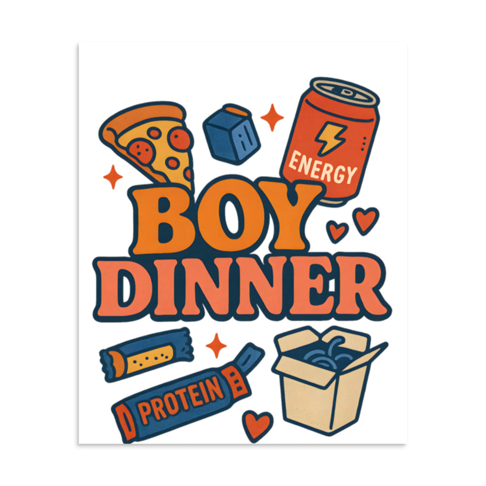 Playful 'Boy Dinner' illustration featuring a pizza slice face, energy drink, protein box, and heart Poster front view — Wandering With Pride