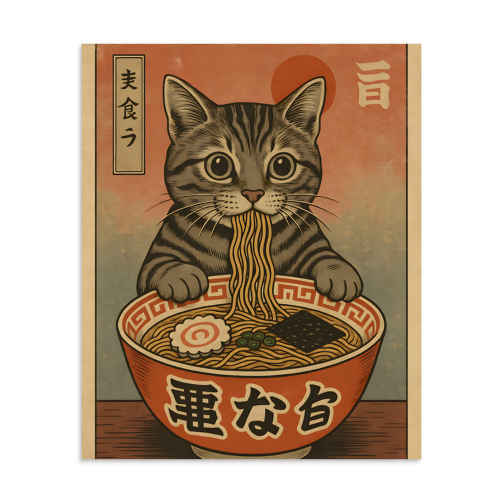 Cat enjoying noodles in a Japanese-style bowl Poster front view — Wandering With Pride