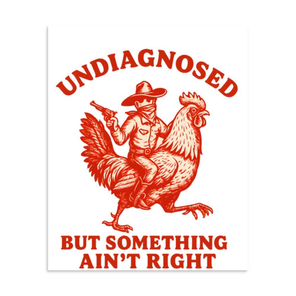 Cartoon chicken in cowboy hat with gun and text 'Undiagnosed' / 'But Something Aint Right' Poster front view — Wandering With Pride