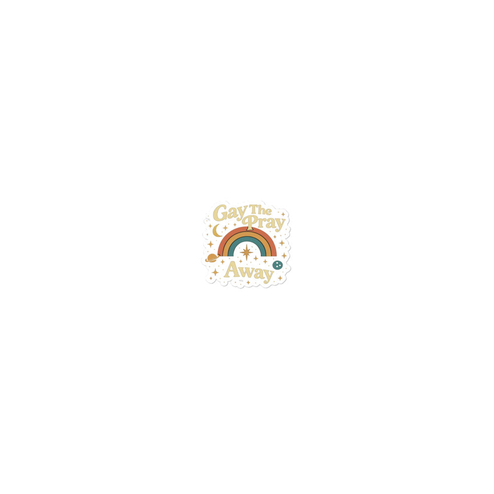 Gay the Pray Away illustration with rainbow arc, star, and crescent moon Sticker front view — Wandering With Pride