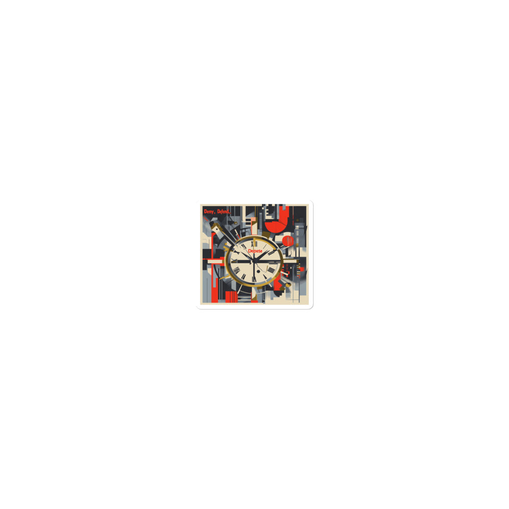 Cubist clock face with 'Demy, Defend' text and geometric shapes Sticker front view — Wandering With Pride