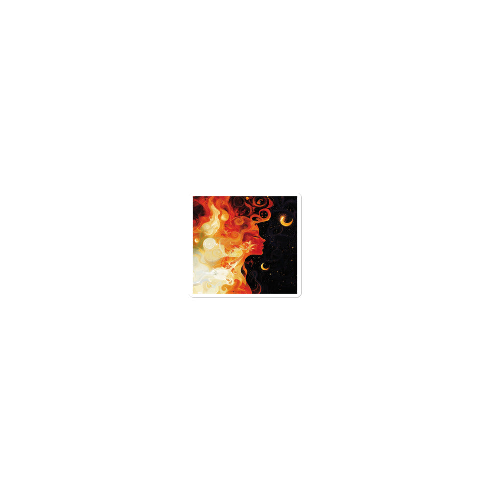 woman's profile surrounded by swirling flames and crescent moon Sticker front view — Wandering With Pride
