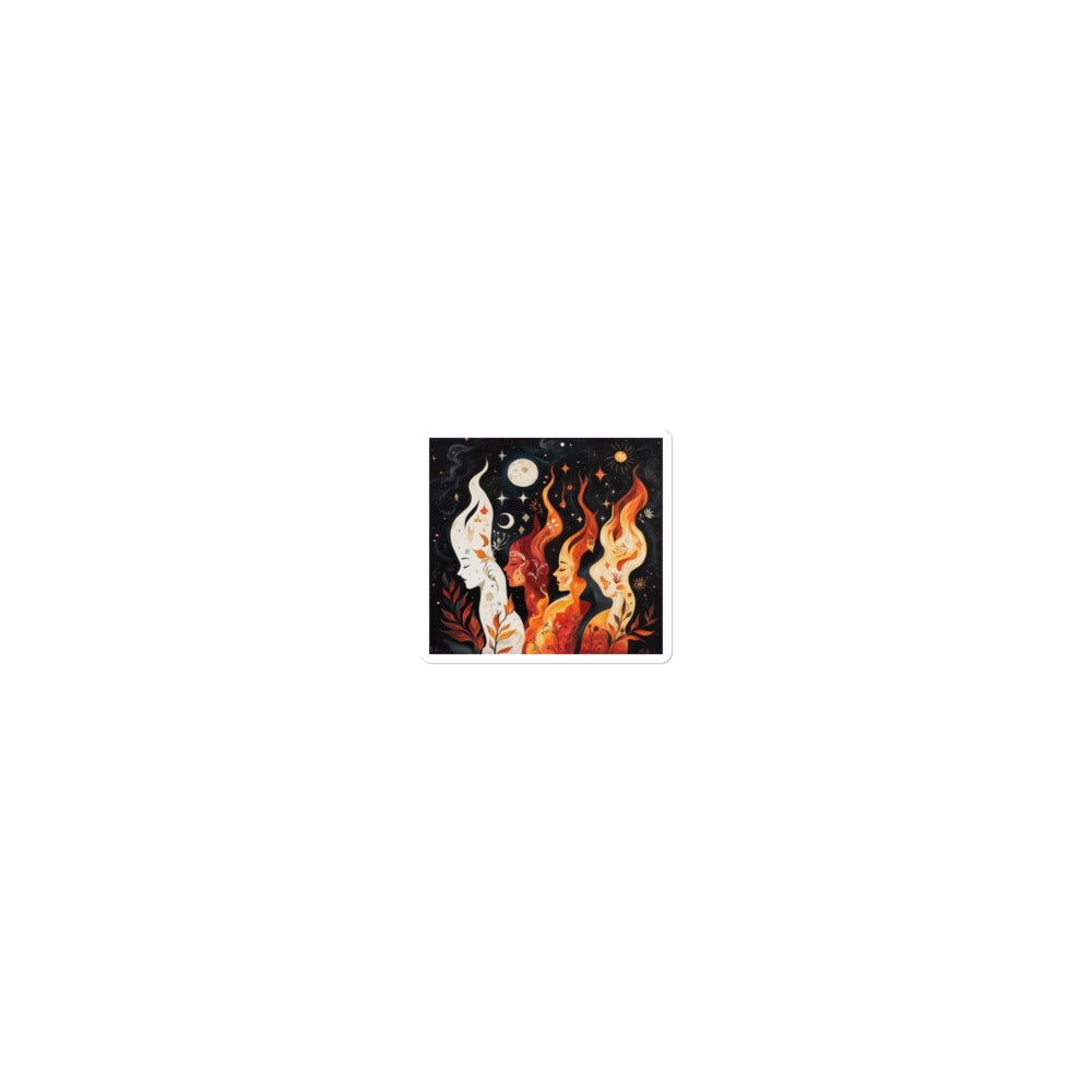 three faceless women connected by colorful hair, surrounded by leaves, flowers, and stars Sticker front view — Wandering With Pride