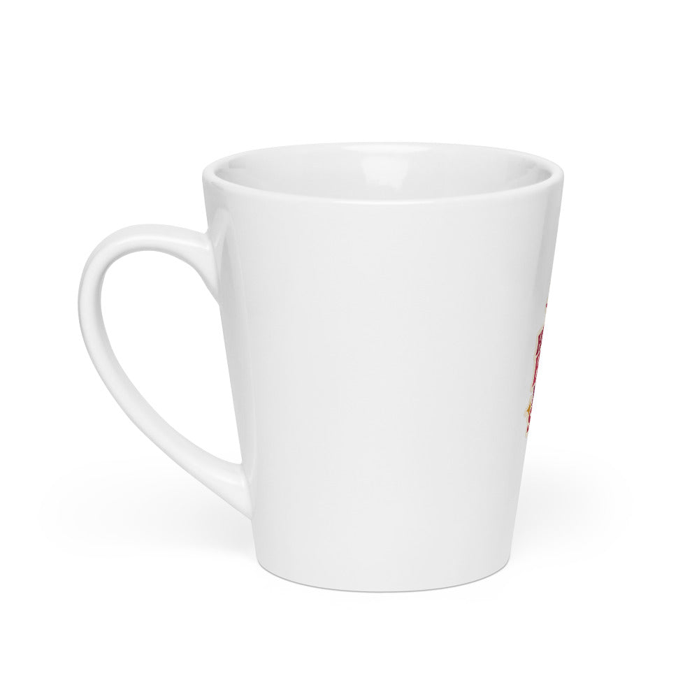 muscular figure illustration with 'HERE TO BRAG, NOT TO SHINK' text Latte Mug front view — Wandering With Pride