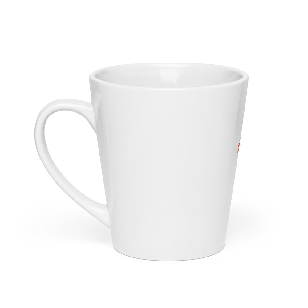 Flaming heart with 'And, baby, that's SHOW BUSINESS for you' text in Pabu/Pabu Light fonts Latte Mug front view — Wandering With Pride