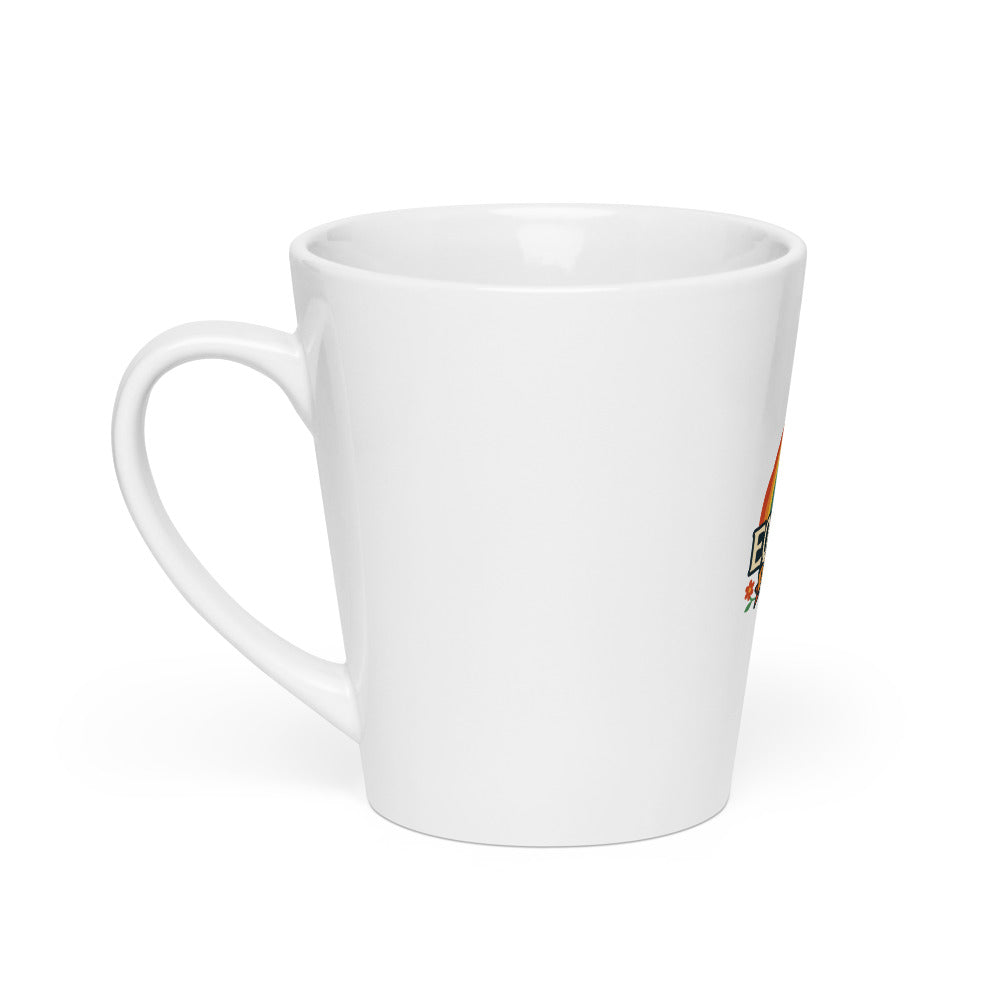 Rainbow arch with flowers and 'Equality Hurts No One' typography Latte Mug front view — Wandering With Pride