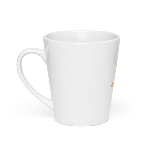 0 FEET AWAY mask-like logo with round eyes Latte Mug front view — Wandering With Pride