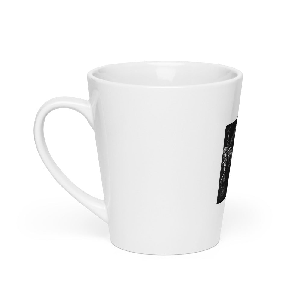black and white hand-drawn illustration of a figure aiming a gun at someone walking away Latte Mug front view — Wandering With Pride
