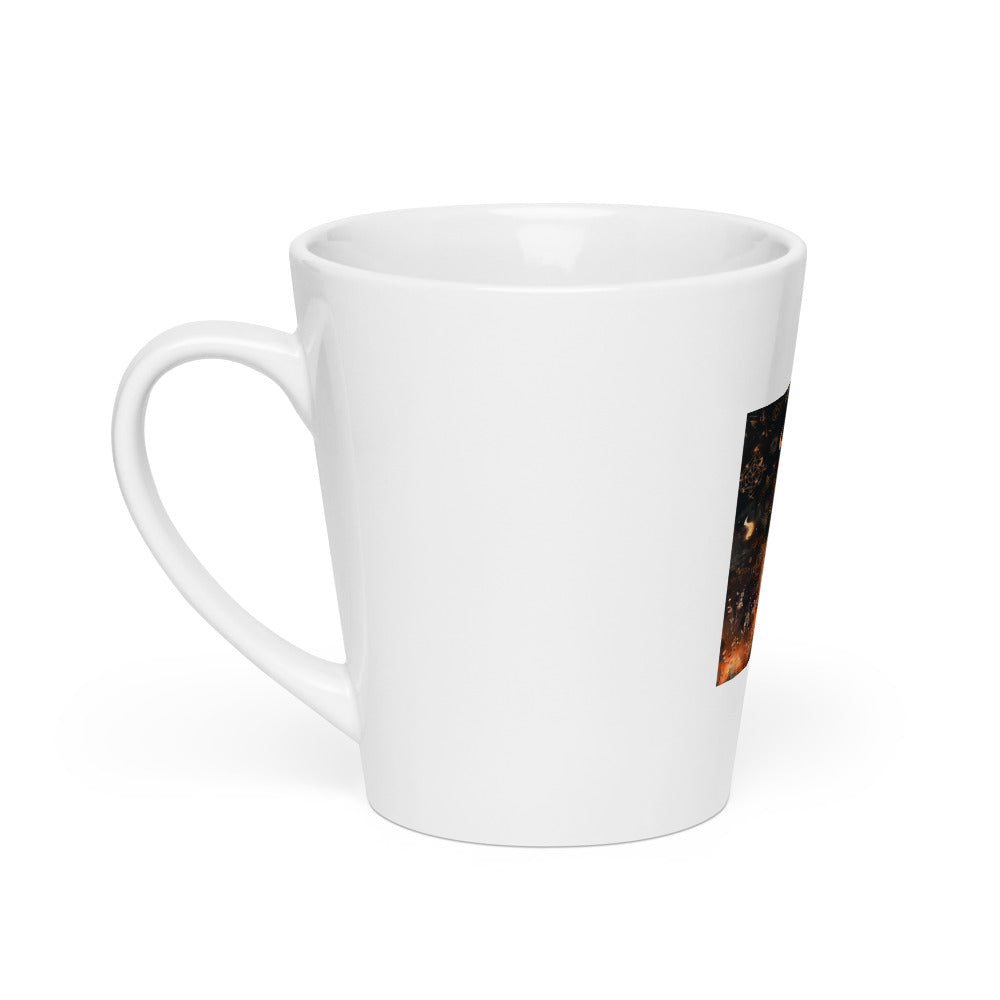 Woman in fiery flowing gown surrounded by apocalyptic flames Latte Mug front view — Wandering With Pride