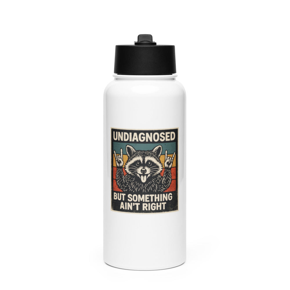 Raccoon illustration with tongue out and paws making peace sign Water Bottle front view — Wandering With Pride