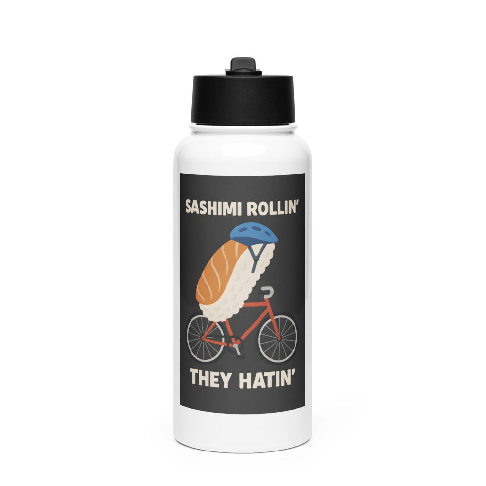Anime-style sashimi roll on a red bicycle wearing a blue helmet Water Bottle front view — Wandering With Pride