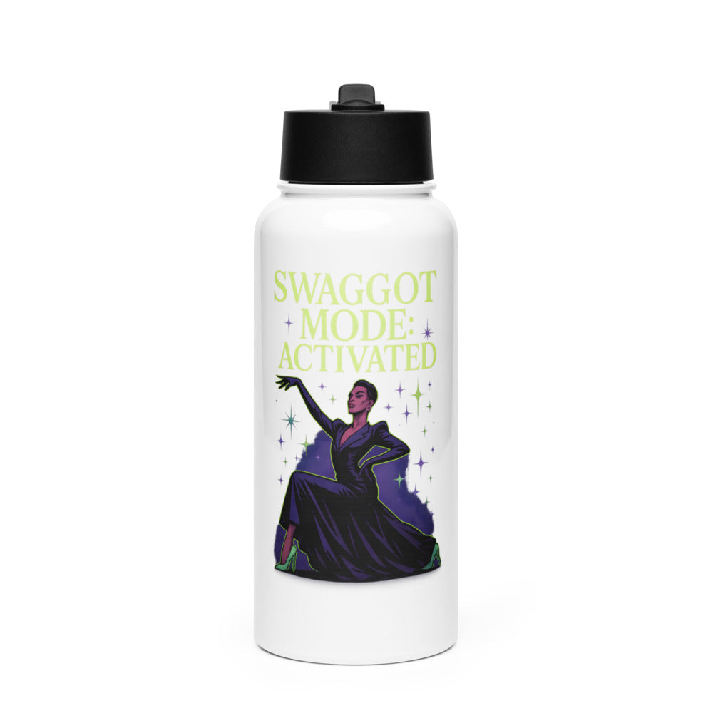 abstract female figure in dynamic pose surrounded by vibrant music energy Water Bottle front view — Wandering With Pride