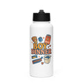 Playful 'Boy Dinner' illustration featuring a pizza slice face, energy drink, protein box, and heart Water Bottle front view — Wandering With Pride