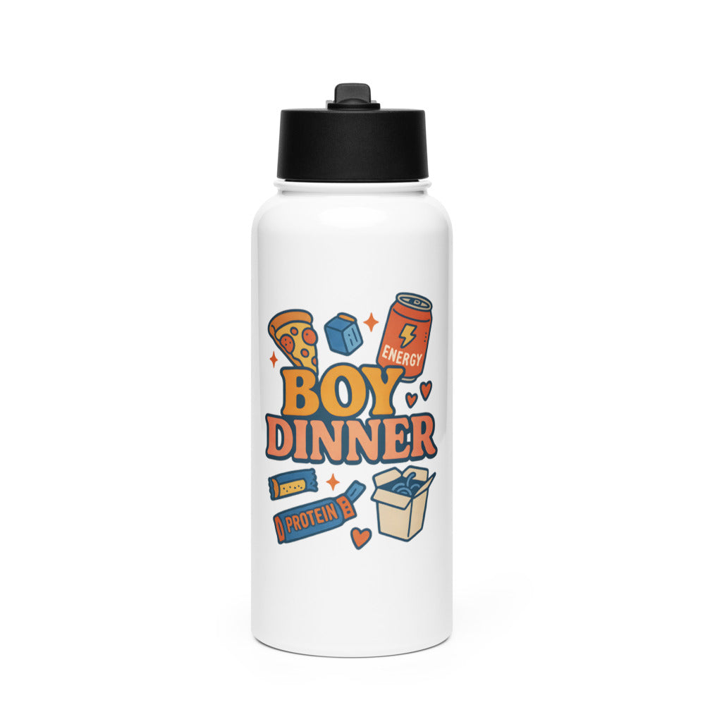 Playful 'Boy Dinner' illustration featuring a pizza slice face, energy drink, protein box, and heart Water Bottle front view — Wandering With Pride
