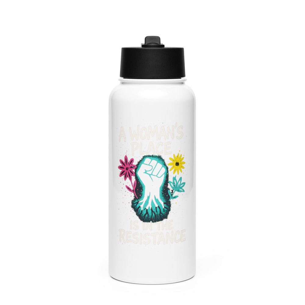 fist with tree roots and flower illustration with text 'A Woman's Place is in the Resistance' Water Bottle front view — Wandering With Pride
