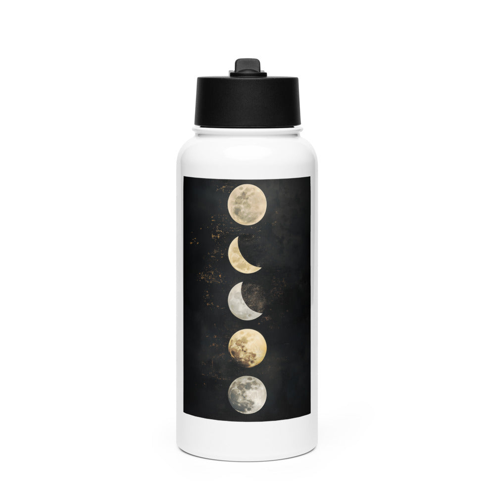 Phases of the Moon - Full, Crescent, and New Moons Water Bottle front view — Wandering With Pride