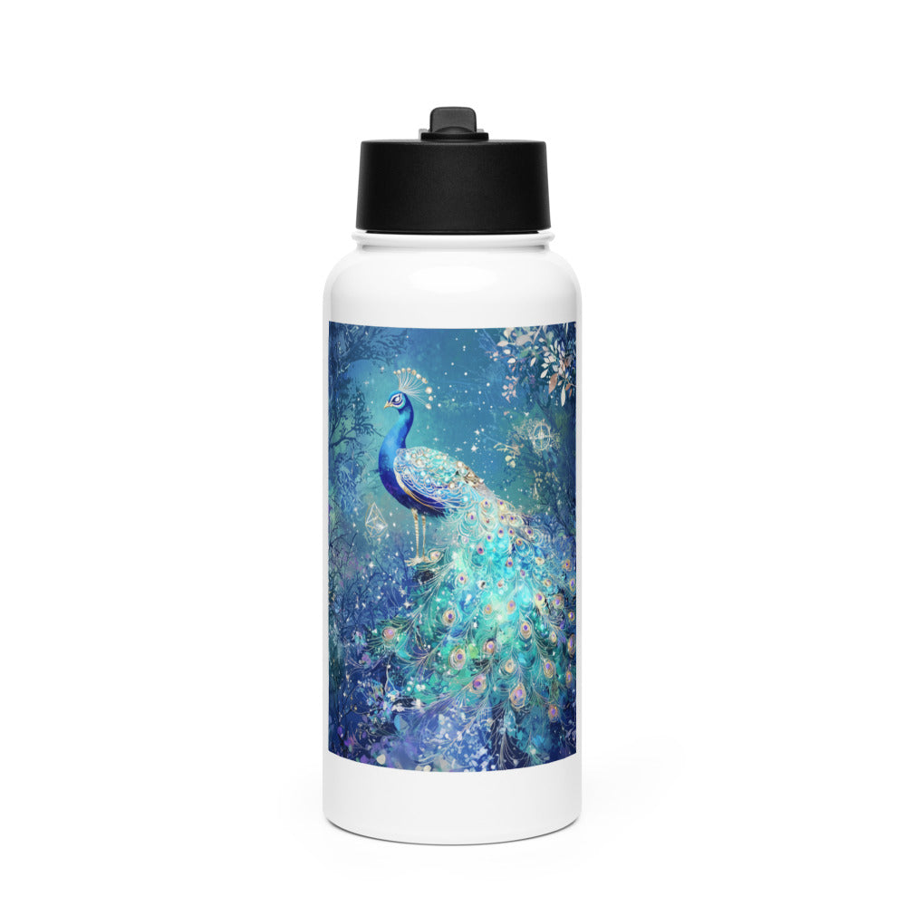 vibrant peacock illustration with glowing eyes and iridescent feathers Water Bottle front view — Wandering With Pride
