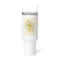 Raised fist with flowers and text 'A Woman's Place is in the Resistance' Travel Mug front view — Wandering With Pride