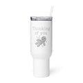 voodoo doll with pins and 'Thinking of you' text Travel Mug front view — Wandering With Pride