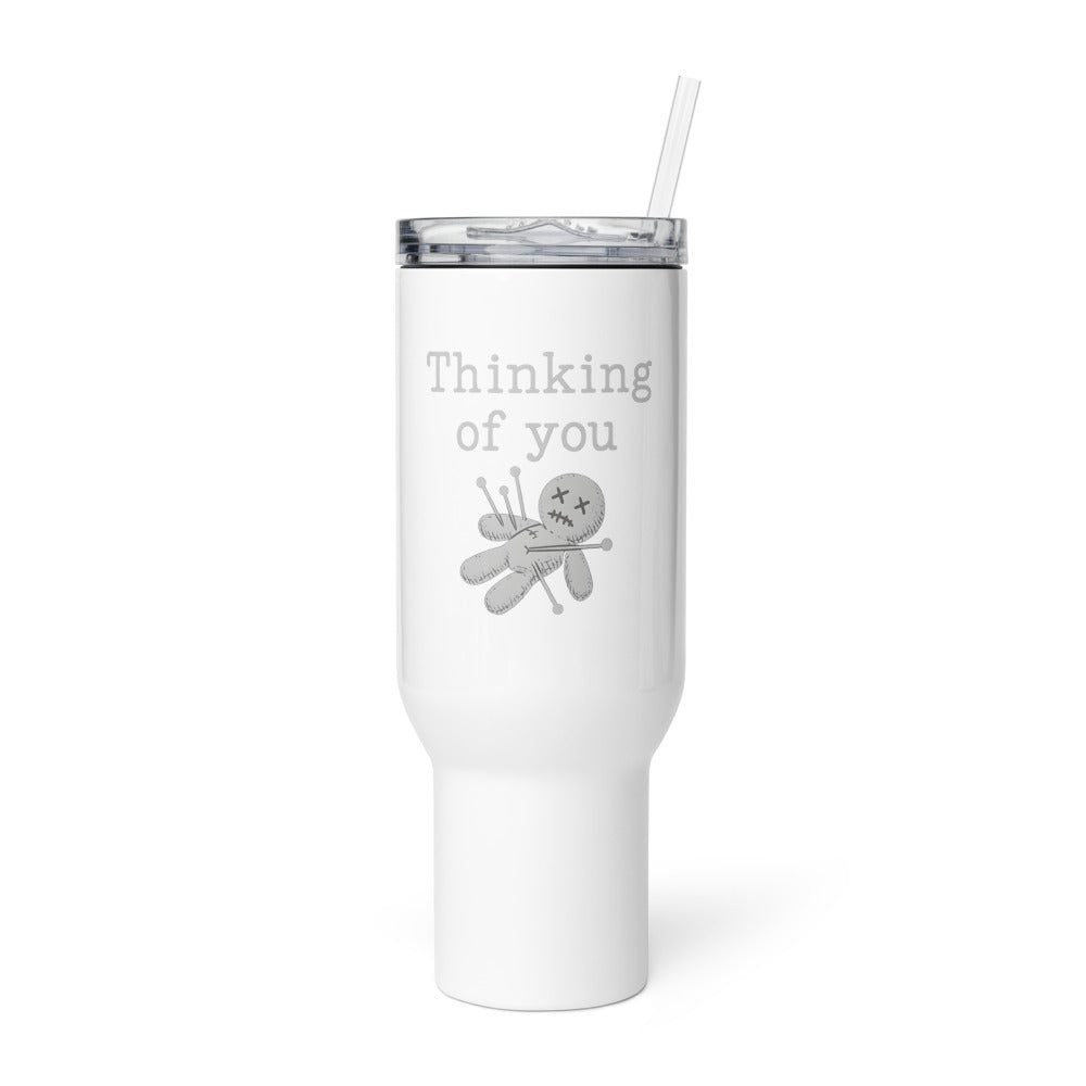 voodoo doll with pins and 'Thinking of you' text Travel Mug front view — Wandering With Pride